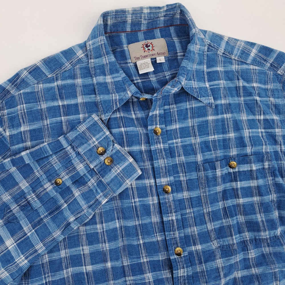 The Territory Ahead Button Down Shirt Mens L Cotton Blue White Plaid Long Sleeve
